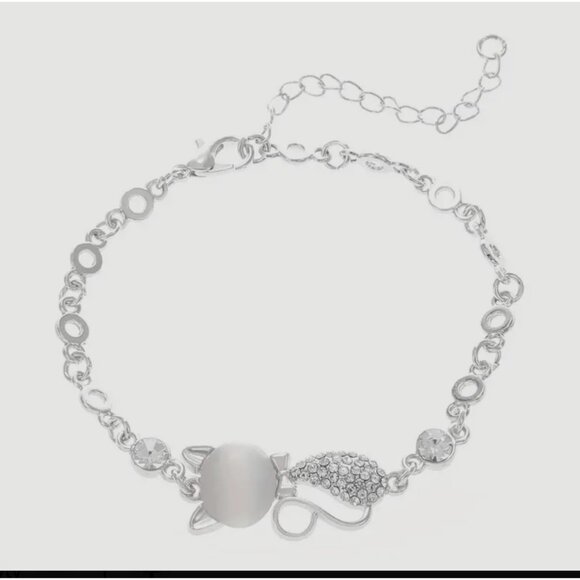 Cat's Eye and Rhinestone Bracelet 14Kt White Gold Plated NWOT Adorably Cute Gift - Picture 4 of 6